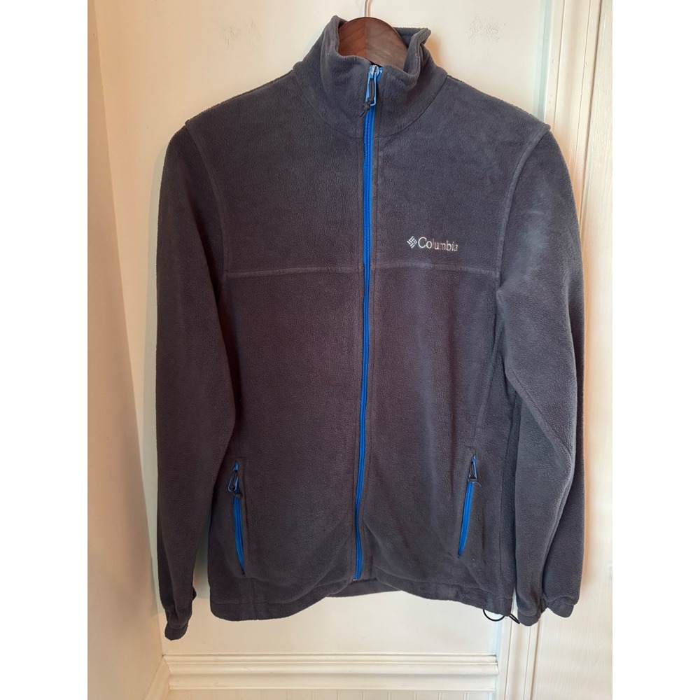 Columbia Mens Small Gray Full Zip Fleece Jacket Blue Trim Mock Neck Outdoor